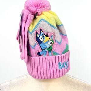 BLUEY Girl's Soft Knit Beanie Hat And Gloves Set One Size Pink Multi NWT